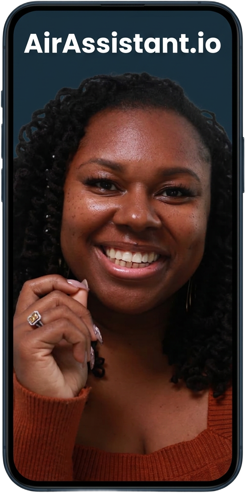 Nani Israel inside a phone displaying the AirAssistant.io logo